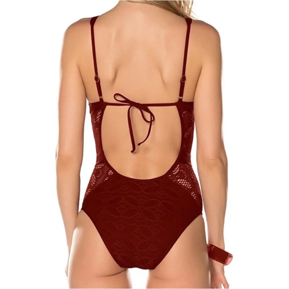 BECCA by Rebecca Virtue Crochet Plunge Neck One Piece Keyhole Swimsuit Maroon S